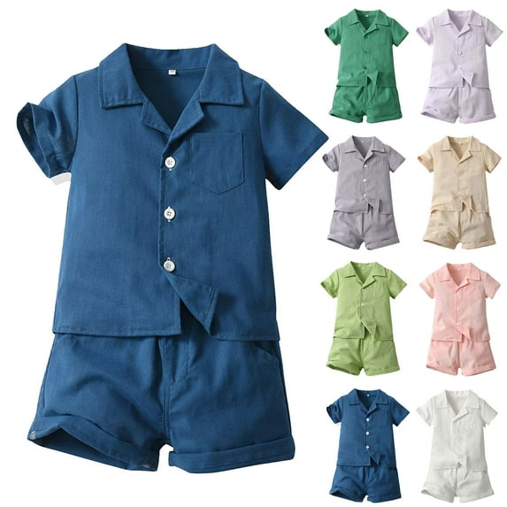 Zwiiyzr 6M-5T Toddler Baby Boys Clothes Set Cotton Button-Down Shirt Tops + Shorts Summer Outfit 2Pcs with Pockets Green