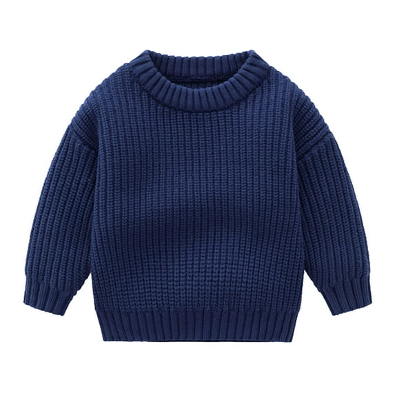 Zwiiyzr 2025 6M-5T Toddler Baby Boys Girls Knit Sweater Solid Color Oversized Crewneck Thick Pullover Sweatshrit Casual Keep Warm Fall Winter Sweater Dark Blue