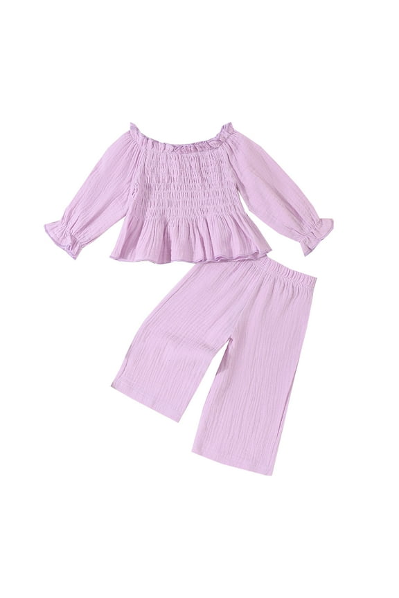 6M-5T Toddler Baby Girl Clothes Spring Fall Long Sleeve Ruffle Tops Pants Set Infant Smocked Outfit Purple