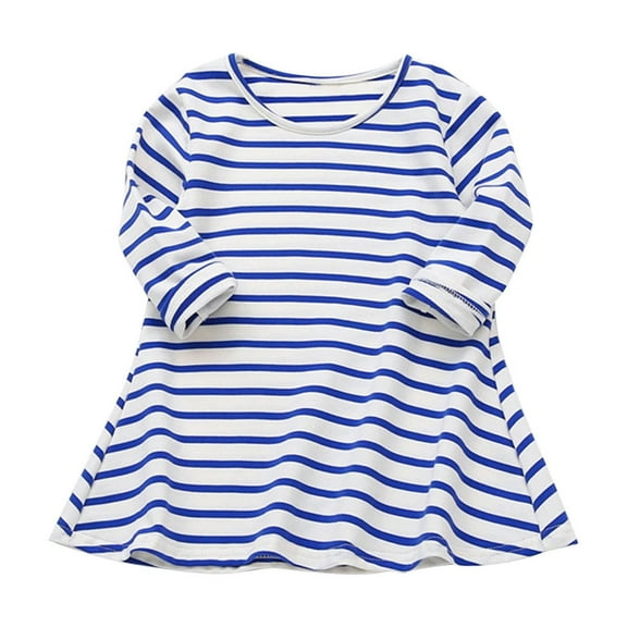 Zwiiyzr 2025 6M-5T Toddler Baby Girls Clothes Cute Striped Long Sleeve Stretchy Dress A Line Dress Blue