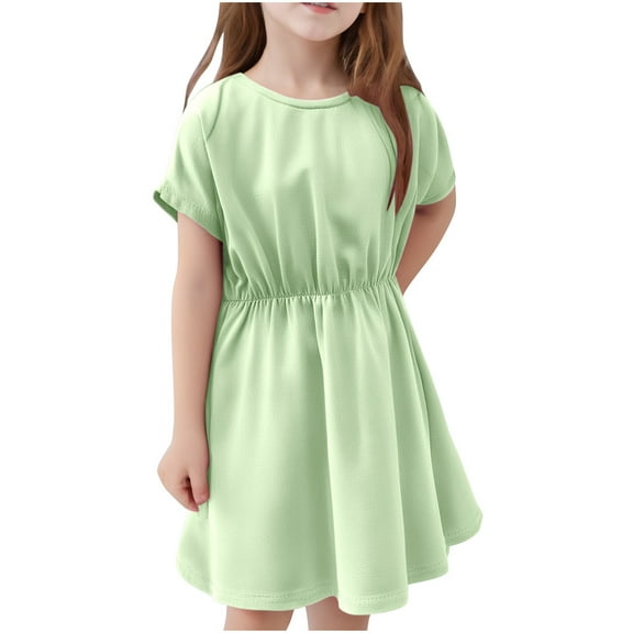 Zwiiyzr 2025 6M-5Y Toddler Baby Girl Summer Sundress Cap Sleeve Casual Swing Flowy Dress Cotton Solid Outfits Green