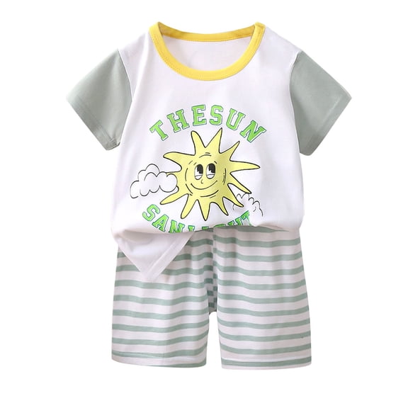 Zwiiyzr 6M-6Y Toddler Baby Boy Summer Clothes Cartoon Printed Short Sleeves T-Shirt Tops + Shorts Cute Outfits Set Gray