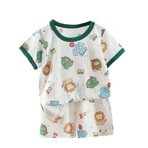 Zwiiyzr 6M-6Y Unisex Baby and Toddler Matching Pajamas Boys' Girls' Casual Round Neck Short Sleeve Tops Botton Printed Shorts Sets Green