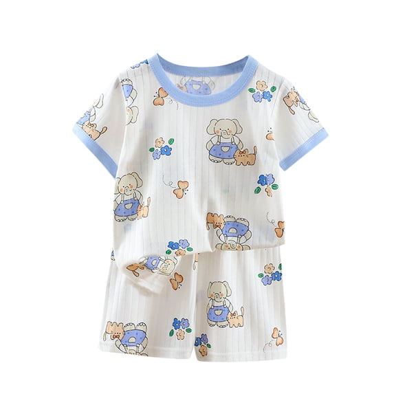 Zwiiyzr 6M-6Y Unisex Baby and Toddler Matching Pajamas Boys' Girls' Casual Short Sleeve Tops Round Neck Botton Printed Short Pants Sets Sky Blue