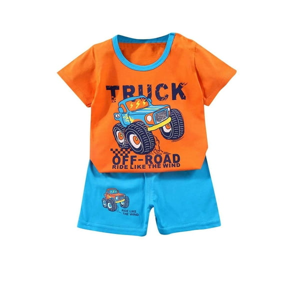 Zwiiyzr 6M-8Y Unisex Summer Toddler Baby Clothes Set Boys' Girls' Casual Round Neck Short Sleeve Tops Botton Printed Shorts Clothing Set Orange