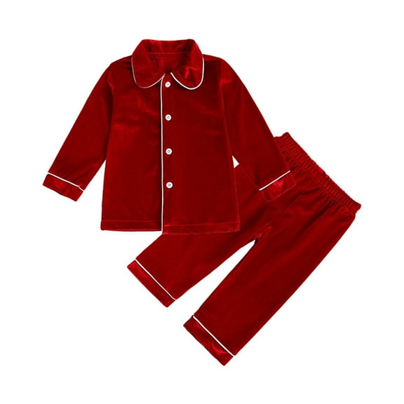Zwiiyzr 6M-9Y Boys Girls Velvet Pajama Sets Toddler Baby Kids Christmas Button Down Winter Long Sleeve Shirt + Long Pants Solid Loungewear 2Pcs Home Wear Clothes Suit Red