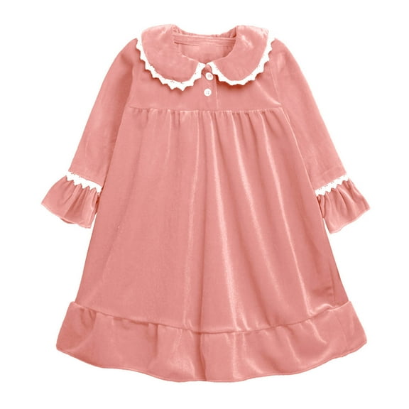 Zwiiyzr 6M-9Y Girls Velvet Pajama Sets Toddler Baby Kids Christmas Doll Collar Ruffled Dress Winter Solid Color Lace Trim Long Sleeved Home Wear Nightgown Clothes Dress Pink