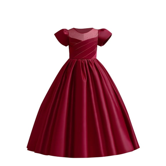 Zwiiyzr 2025 7-14Y Girls Bridesmaid Wedding Pageant Dresses Solid Color Satin Princess Dress Birthday Party Trendy Show Piano Dress Red