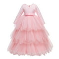 thumbnail image 1 of Zwiiyzr 2025 7-14Y Girls Tulle Dress Bridesmaid Sparkle Wedding Pageant Dresses Solid Color Long Sleeve Puff Tiered Princess Dress Pink, 1 of 8