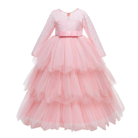 Zwiiyzr 2025 7-14Y Girls Tulle Dress Bridesmaid Sparkle Wedding Pageant Dresses Solid Color Long Sleeve Puff Tiered Princess Dress Pink
