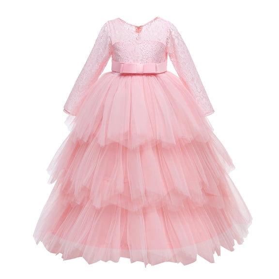 Zwiiyzr 2025 7-14Y Girls Tulle Dress Bridesmaid Sparkle Wedding Pageant Dresses Solid Color Long Sleeve Puff Tiered Princess Dress Pink