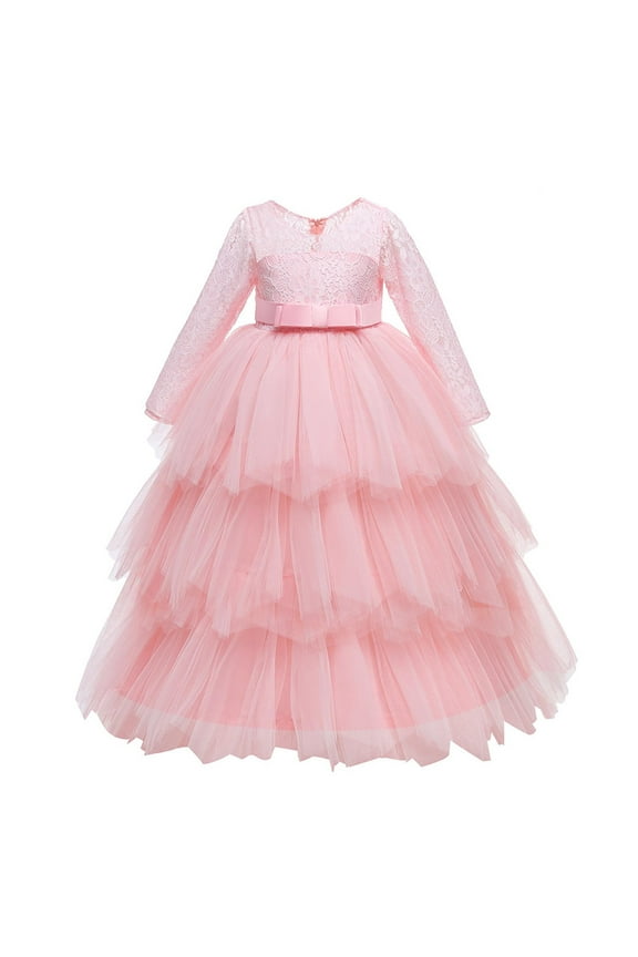2025 7-14Y Girls Tulle Dress Bridesmaid Sparkle Wedding Pageant Dresses Solid Color Long Sleeve Puff Tiered Princess Dress Pink