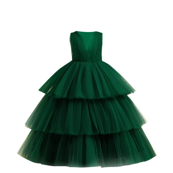 Zwiiyzr 2025 7-14Y Girls Tulle Dress Bridesmaid Sparkle Wedding Pageant Dresses Solid Color Sleeveless Mesh Bow Puff Tiered Princess Dress Green