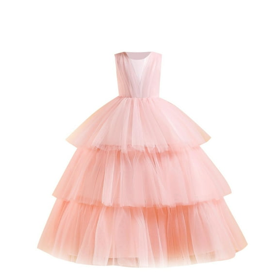 Zwiiyzr 2025 7-14Y Girls Tulle Dress Bridesmaid Sparkle Wedding Pageant Dresses Solid Color Sleeveless Mesh Bow Puff Tiered Princess Dress Pink