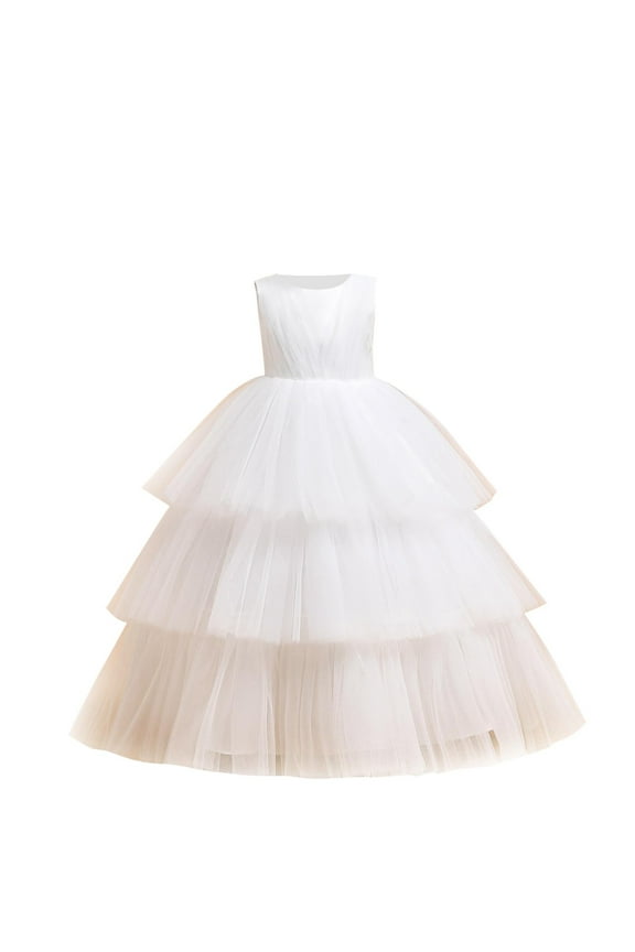 2025 7-14Y Girls Tulle Dress Bridesmaid Sparkle Wedding Pageant Dresses Solid Color Sleeveless Mesh Bow Puff Tiered Princess Dress White
