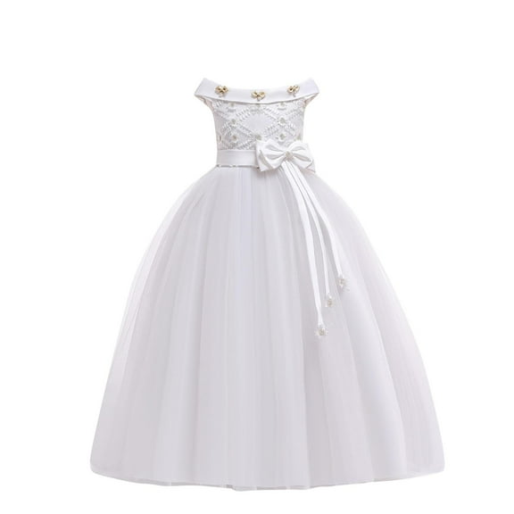 Zwiiyzr 2025 7-14Y Girls Tulle Dress Bridesmaid Wedding Pageant Dresses Solid Color Sleeveless Bow Flower Mesh Puff Dress Princess Dress Birthday Party White