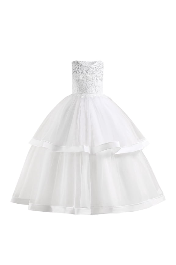 2025 8-12Y Girls Tulle Dress Bridesmaid Wedding Pageant Dresses Sleeveless Embroidered Flower Mesh Princess Tiered Dress Evening Dress White