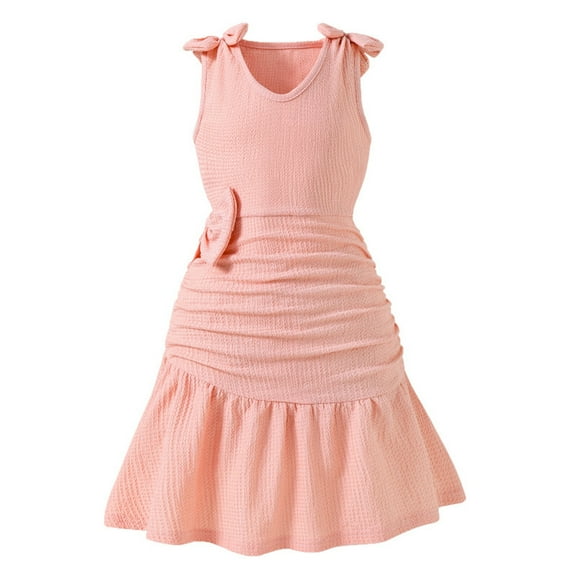 Zwiiyzr 2025 8-13Y Girls Dress Trendy Spring And Summer Round Neck Ruffle Dress Princess Dress Pink
