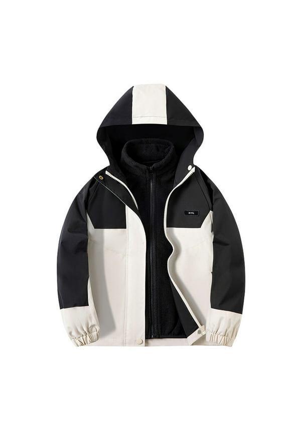 8-16Y Boys Girls Jacket Waterproof Windbreaker Fleece Lining Color Block Hooded Jackets Zip Up Kids Raincoats with Pockets Big Kids To Teens Black