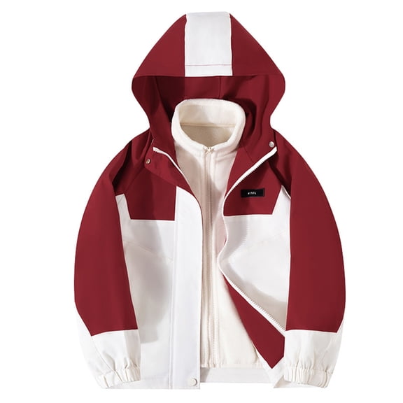 Zwiiyzr 8-16Y Boys Girls Jacket Waterproof Windbreaker Fleece Lining Color Block Hooded Jackets Zip Up Kids Raincoats with Pockets Big Kids To Teens Red