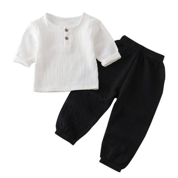 Zwiiyzr 9M-6Y Toddler Baby Boys Girls Cotton Linen Outfits Solid Color Short Sleeve Tops + Pants Summer Baby Clothes Black