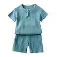 thumbnail image 1 of Zwiiyzr 2024 Baby Boy Girl Spring and Summer Clothes Solid Color Short Sleeved Shorts Set 2Pcs Cute Toddler Outfit for 1-8 Years Blue, 1 of 2