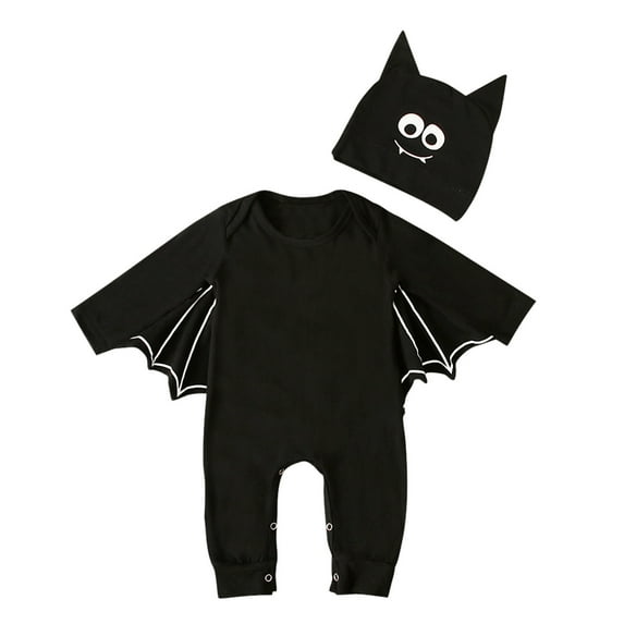 Zwiiyzr Baby Boys Girls Clothes Toddler Black Bat Sleeve Rompe Cute Cotton Jumpsuit with Hat Suit Black