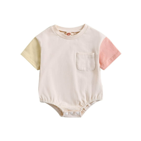 Zwiiyzr Baby Boys Girls Clothes Toddler Kids Cute Splicing Print Romper Fashion Short Sleeve Casual Jumpsuit with Pocket Pink