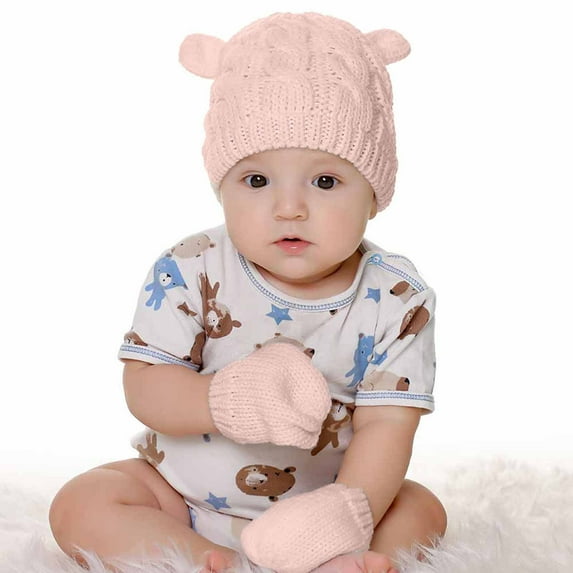 Zwiiyzr Baby Boys Girls Knitted Beanie Hat Newborn Cotton Beanie Cap Winter Warm Hats with Gloves Set Pink
