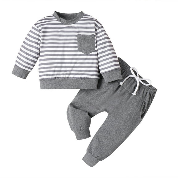 Zwiiyzr Baby Boys Two Piece Outfits Long Sleeve Stripe Top + Pants Sweatshirt Casual Loungewear Set Homewear Set for 6 Months-3 Years Old Gray