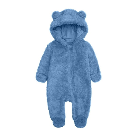Zwiiyzr 2025 Baby Clothes Baby Snowsuit Fleece Lined Onesie Solid Color Outfits Long Jumpsuit Romper Hooded Newborn Pajamas for Infant Blue