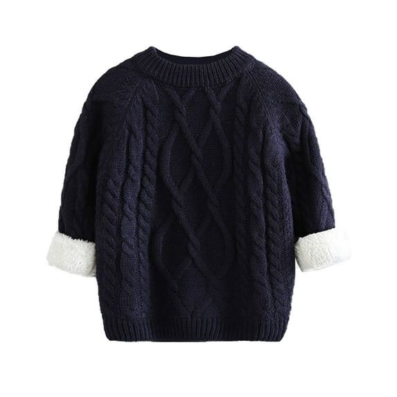 Zwiiyzr 2025 Baby Girl Boy Knit Sweater Blouse Pullover Fleece Lined Warm Crewneck Long Sleeve Tops for Infant Toddler Navy
