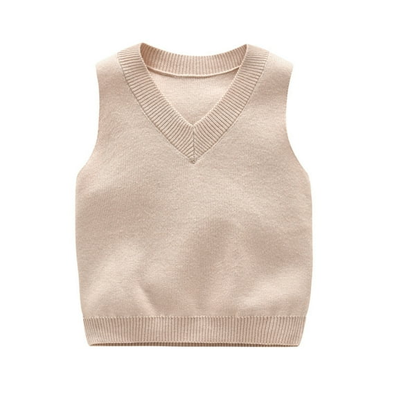 Zwiiyzr Baby Girl Boy Knit Sweater Vest Sleeveless V-Neck Pullover Tops 0-3 Years Winter Warm Solid Color Sweater for Infant Toddler Beige