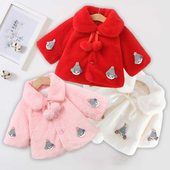 Zwiiyzr 2024 Baby Girl Winter Faux Fur Coat Fuzzy Cute Warm Cape Jacket Cloak Overcoat 6 Months - 6 Years Thick Outwear Red