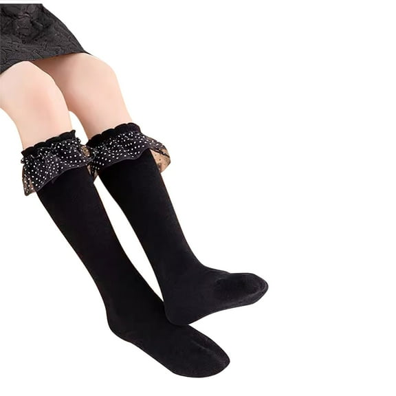 Zwiiyzr Baby Girls Bow Lace Bow Ruffle Socks for Kids and Infants Toddlers Thin and Breathable Crew Socks Cotton Socks for 3-12 Years Black