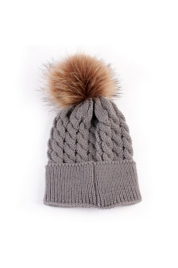 Baby Infant Boys Girls Knitted Beanie with A Pompom Bobble Hat Toddler Kids Pure Color Hat Wool Ball Children Warm Cap Gray