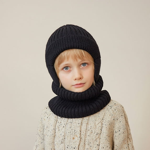 Zwiiyzr Baby Kids Warm Winter Hat Scarf Set Fleece Lined Boys Girls Toddler Cute Knit Beanie Hat Earflap Hoodie Scarves Snow Cap 4-10 Years Black