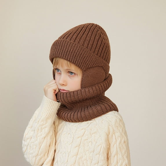 Zwiiyzr Baby Kids Warm Winter Hat Scarf Set Fleece Lined Boys Girls Toddler Cute Knit Beanie Hat Earflap Hoodie Scarves Snow Cap 4-10 Years Coffee