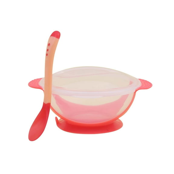 Zwiiyzr Baby Newborn Silicone Baby Feeding Set Sucker Bowl with Thermospoon Set Children Plastic Training Bowl Set Pink