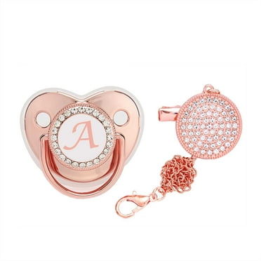 Zwiiyzr Baby Pacifier 26 Letter Name Initial Clip Silicone Infant Nipple Bling Newborn Pacifier, Rose Gold, A