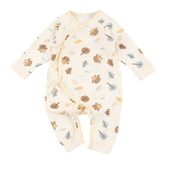 Zwiiyzr 2024 Baby Spring Baby Boy and Girl Newborn Long Sleeve Button Romper Jumpsuit for 0-6 Months Beige
