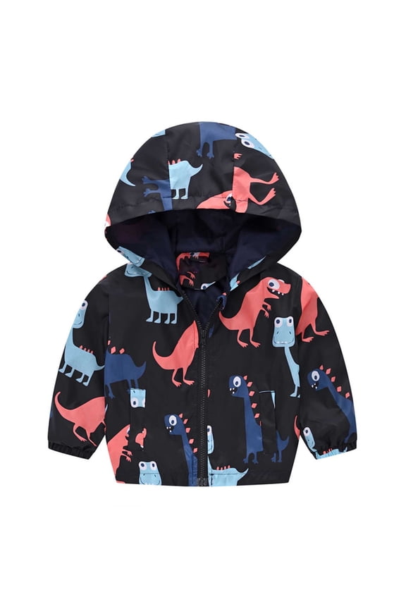 Lovskoo Baby Windbreaker Jacket Toddler Kids Boys Girls Windproof Jacket Trendy Cute Cartoon Flowers Car Pattern Hooded Coat Rain Coat Baby Clothes Black