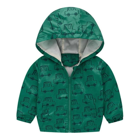 Zwiiyzr Baby Windbreaker Jacket Toddler Kids Boys Girls Windproof Jacket Trendy Cute Cartoon Flowers Car Pattern Hooded Coat Rain Coat Baby Clothes Green