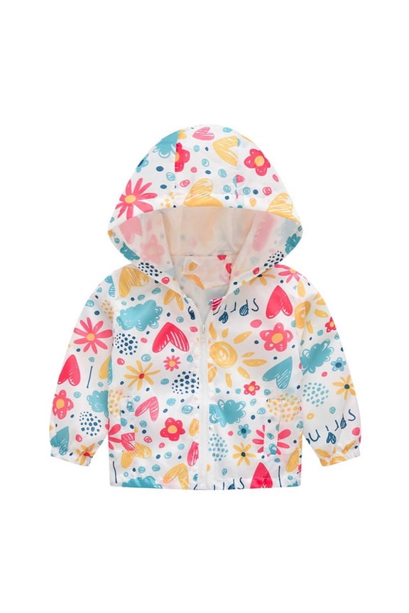 Baby Windbreaker Jacket Toddler Kids Boys Girls Windproof Jacket Trendy Cute Cartoon Flowers Car Pattern Hooded Coat Rain Coat Baby Clothes White