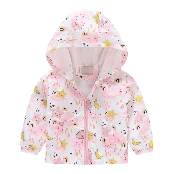 Lovskoo Baby Windbreaker Jacket Toddler Kids Boys Girls Windproof Jacket Trendy Cute Cartoon Flowers Pattern Hooded Coat Rain Coat Baby Clothes Pink