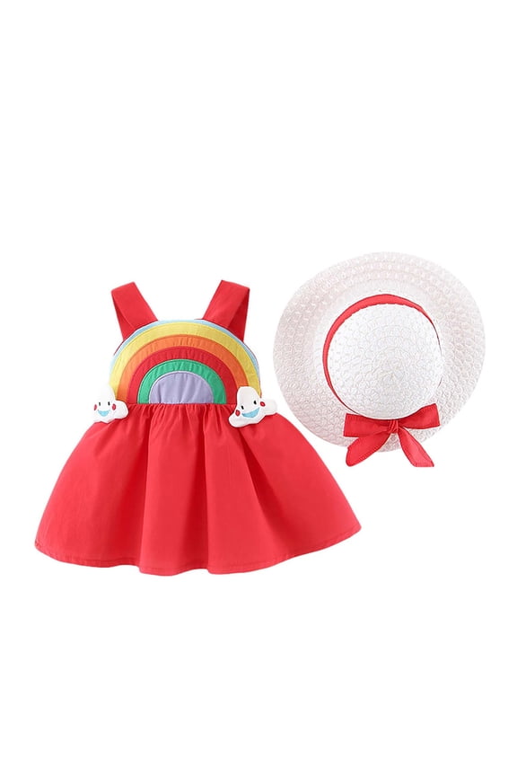 Boho Baby Dress Toddler Kids Girl Summer Pure Color Rainbow Cloud Suspender Skirt with Hat for 0-3 Years Baby Clothes Red