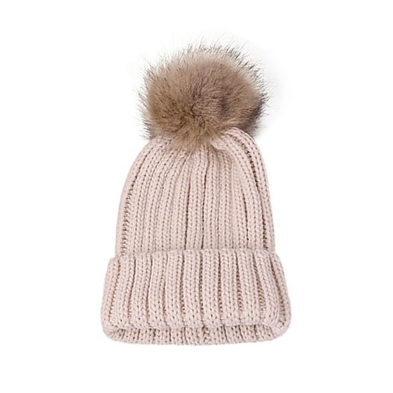 Zwiiyzr Boys And Girls 2-6 Years Fashion Solid Color Cute Outdoor Warm Knit Pompom Hat Beige