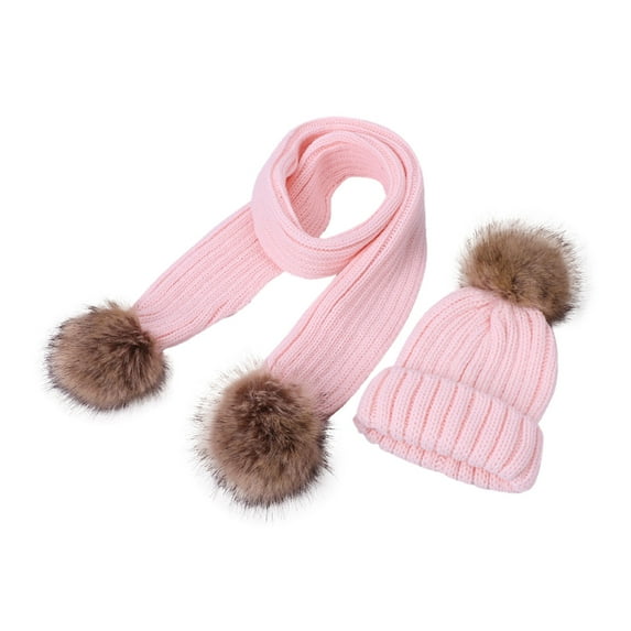 Zwiiyzr Boys And Girls 2-6 Years Fashion Solid Color Cute Outdoor Warm Knit Pompom Hat Scarf Set Pink