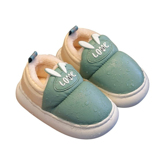 Zwiiyzr Boys Girls Fluffy Slippers Winter Plush Thick Leather Waterproof Non Slip Boys/Girls Slippers for Toddler/Little Kid/Big Kid Green