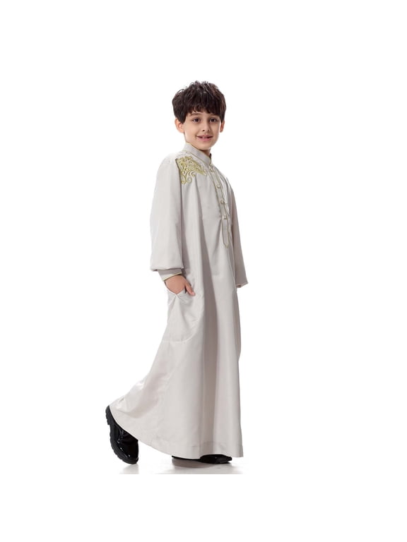 Lovskoo Boys Middle Muslim Arabic Thobe Muslim Thobe Long Sleeve Kaftan Crew Collar Robe Pure Trendy Dresses Long Top Coats Comfortable Blouse Baby Winter Clothes Beige